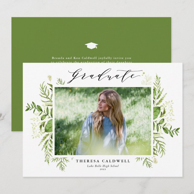 Invitation Aquarelle Foliage sauvage Blanc Photo Graduation (Devant / Derrière)