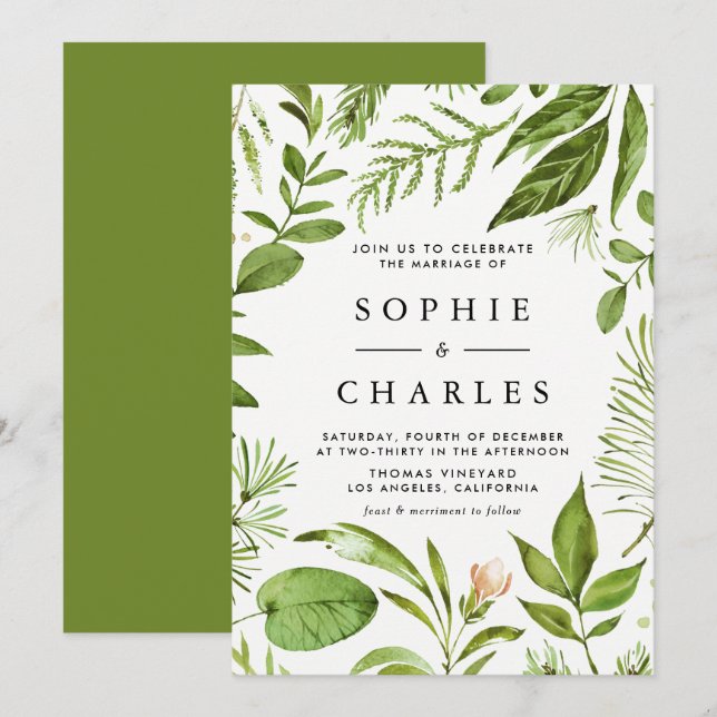 Invitation Aquarelle Folithe vert sauvage Mariage floral (Devant / Derrière)