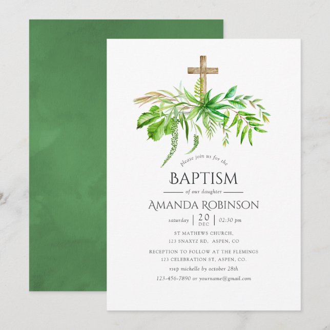 Invitation Aquarelle Forêt Végétation Baptême ou baptême (Devant / Derrière)