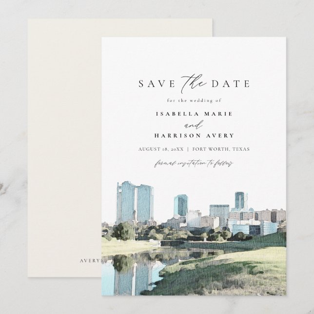 Invitation Aquarelle Fort Worth Texas Skyline Enregistrer la  (Devant / Derrière)