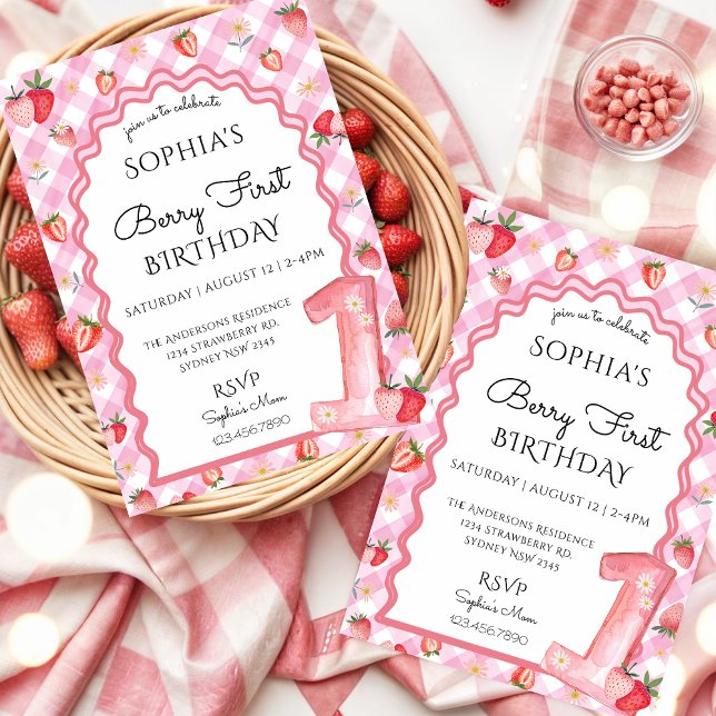 Invitation Aquarelle fraise 1er anniversaire (Créateur téléchargé)