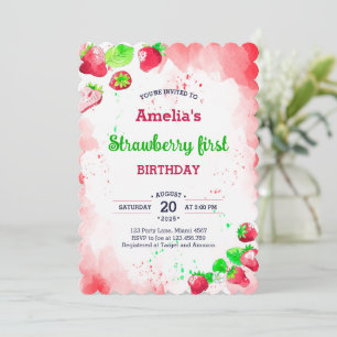 Invitation Aquarelle fraise 1er anniversaire Sweet Vibrant