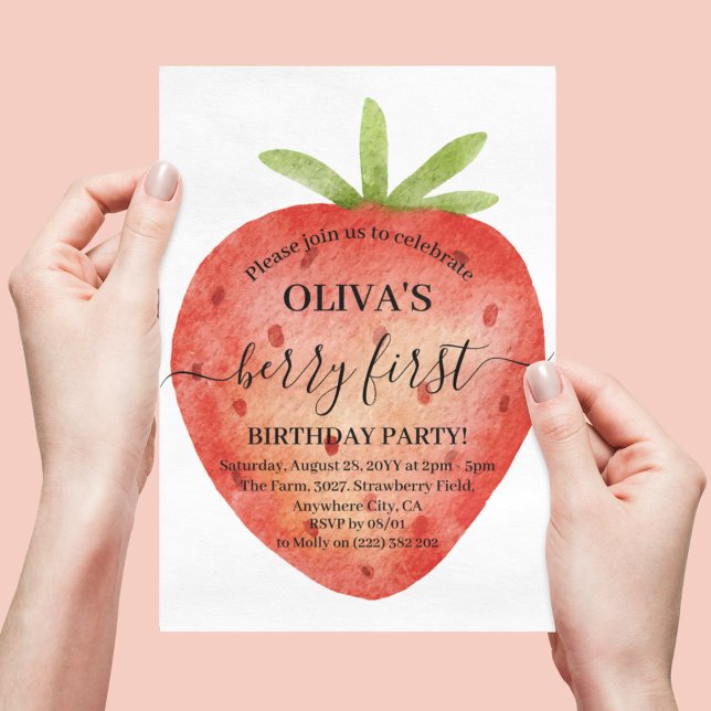 Invitation Aquarelle fraise 1ère fête d'anniversaire (Créateur téléchargé)