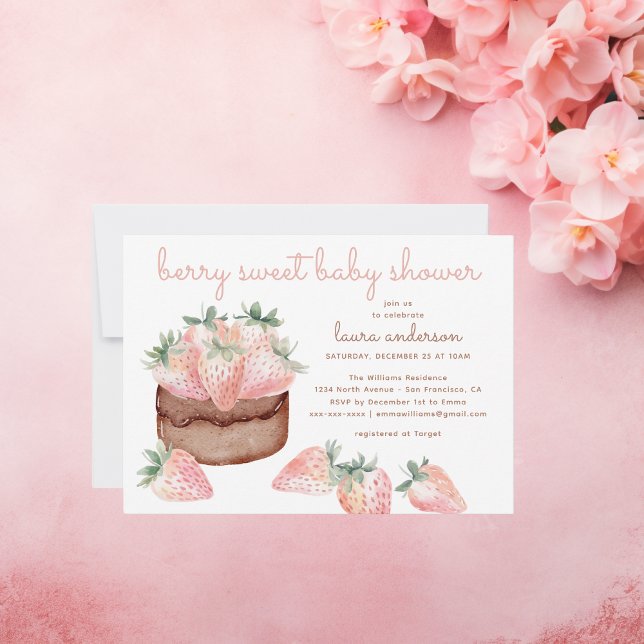 Invitation Aquarelle fraise baby shower sucré baies de fraise (Berry sweet baby shower: watercolor chocolate cake with strawberries. Sweet girl invitation)
