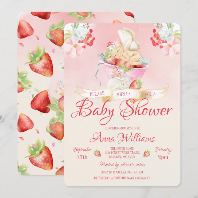 Invitation Aquarelle Fraise Bébé Fée Baby shower (Devant / Derrière)