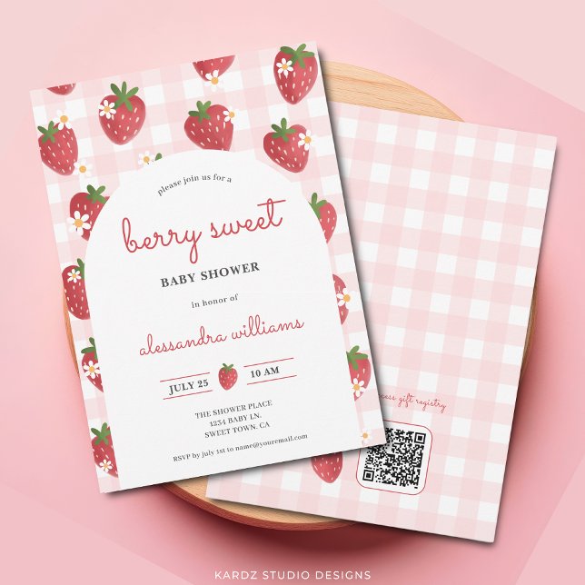 Invitation Aquarelle fraise Berry Sweet Girl Baby shower (Berry Sweet Invite shown in 5x7 inch, add details and URL for QR Code.)