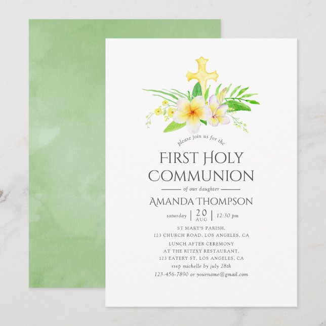 Invitation Aquarelle Frangipani Première communion sainte (Devant / Derrière)