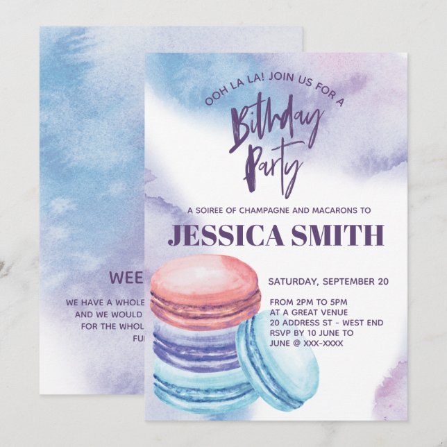 Invitation Aquarelle French Macaron fête d'anniversaire (Devant / Derrière)