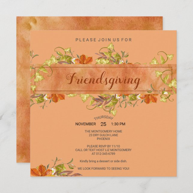 Invitation Aquarelle Friendsgiving Rustic Fall Leeds (Devant / Derrière)