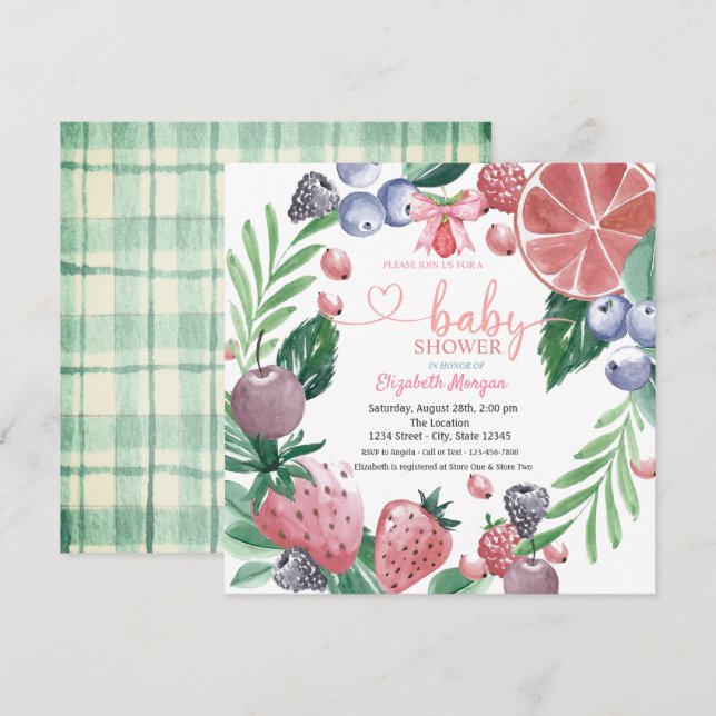 Invitation Aquarelle Fruits Berry Plaid Baby shower doux (Devant / Derrière)