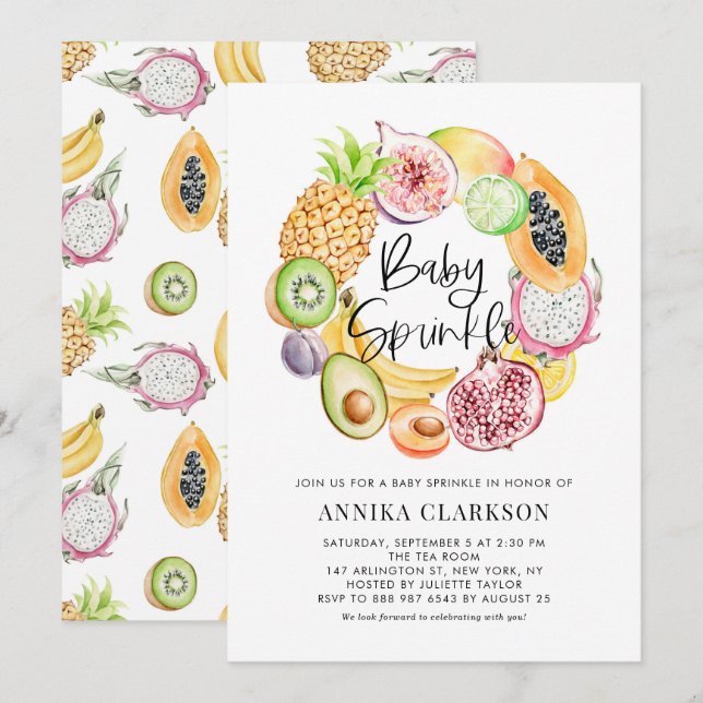 Invitation Aquarelle Fruits tropicaux Été Bébé Parsemer (Devant / Derrière)