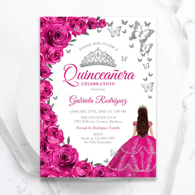 Invitation Aquarelle Fuchsia Rose Floral Quinceanera (Créateur téléchargé)