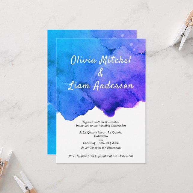 Invitation Aquarelle Galaxy Mariage bleu et violet (Devant/Arrière en situation)