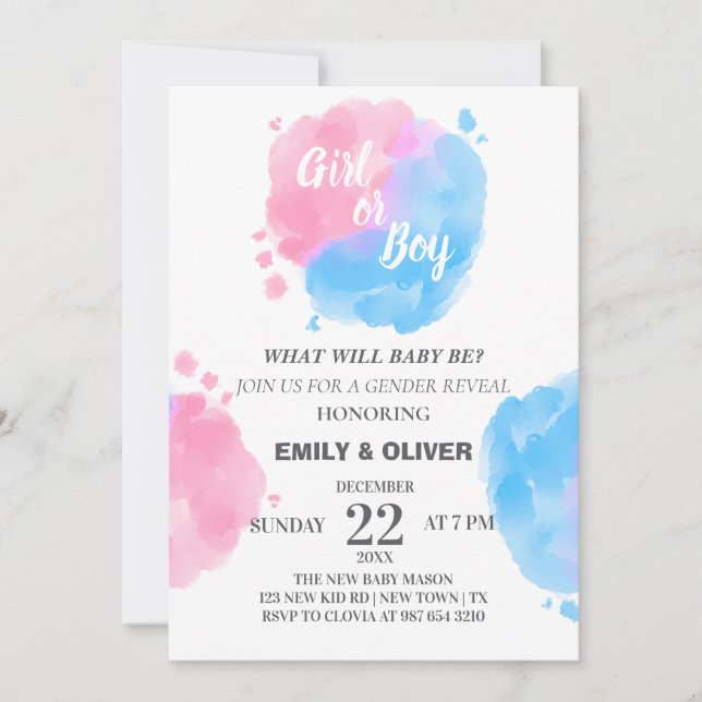 Invitation Aquarelle garçon fille sexe révéler (Devant)