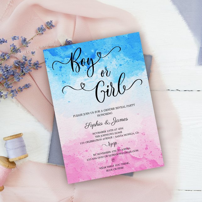 Invitation Aquarelle Garçon Ou Fille Bleu Et Rose Sexe Révéle (Créateur téléchargé)
