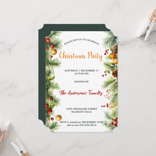 Invitation Aquarelle Garland Pine & Berries Fête de Noël (Devant/Arrière en situation)