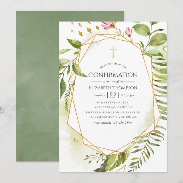 Invitation Aquarelle Géométrique Cristal Vert Confirmation (Devant / Derrière)
