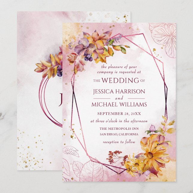 Invitation Aquarelle Géométrique Floral Automne Marsala Maria (Devant / Derrière)