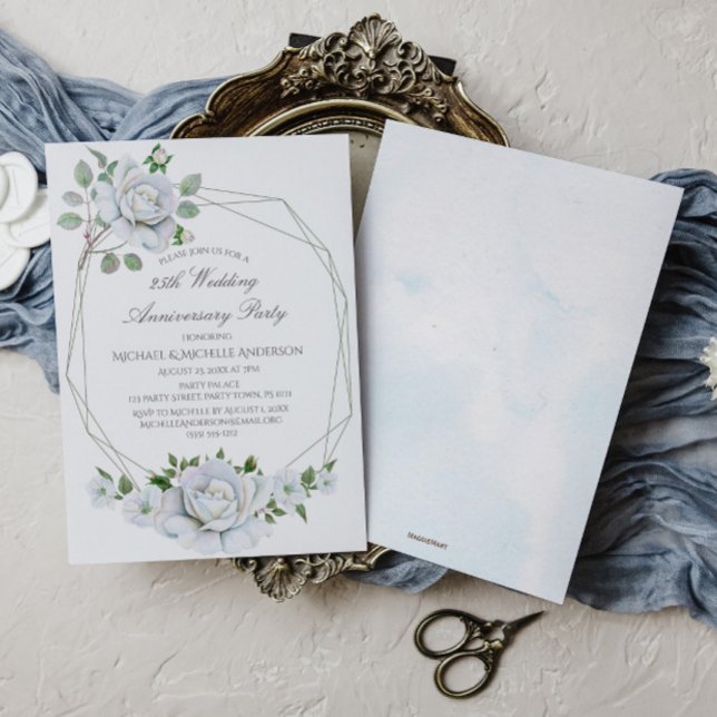 Invitation Aquarelle géométrique florale blanche 25e annivers (Créateur téléchargé)