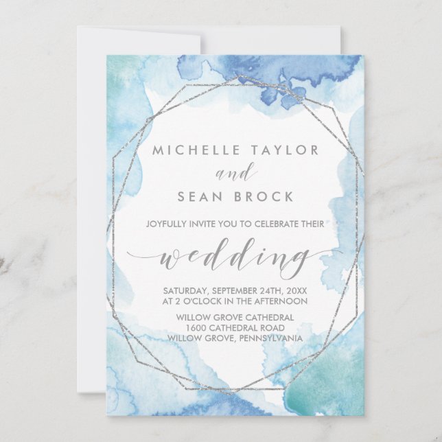 Invitation Aquarelle géométrique | Mariage argenté (Devant)