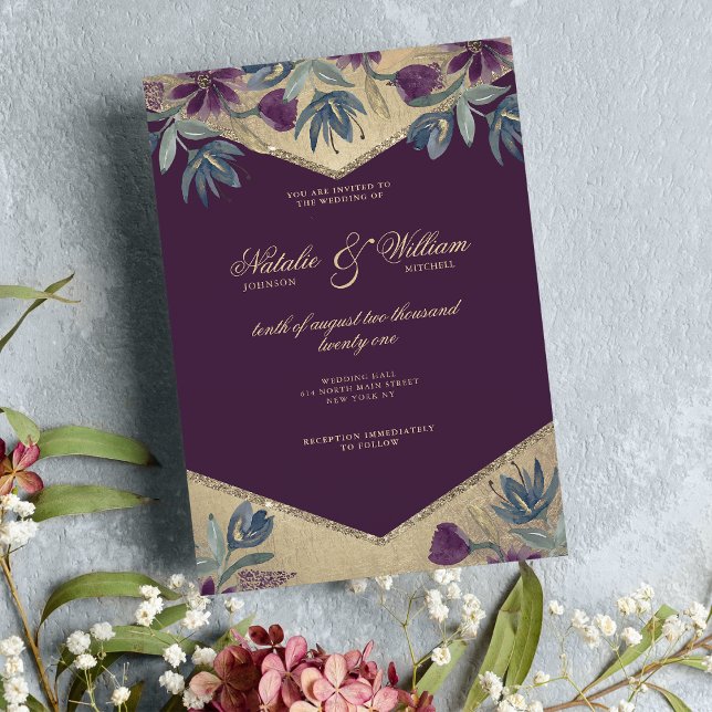 Invitation Aquarelle géométrique violet or mariage floral (Geometrical purple gold watercolor floral wedding )