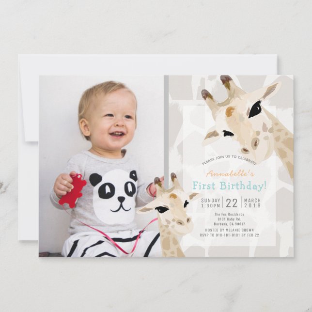 Invitation Aquarelle Giraffe Greige Photo 1er anniversaire (Devant)