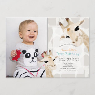 Invitation Aquarelle Giraffe Greige Photo 1er anniversaire