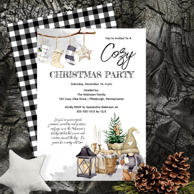Invitation Aquarelle Gnome Soirée de Noël cosy (Hygge-Themed Gnome design "Cozy Christmas Party" -- great for indoor and outdoor holiday gatherings.)