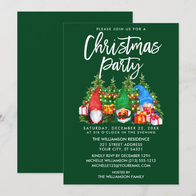 Invitation Aquarelle Gnomes Lumières Fête de Noël Vert (Devant / Derrière)