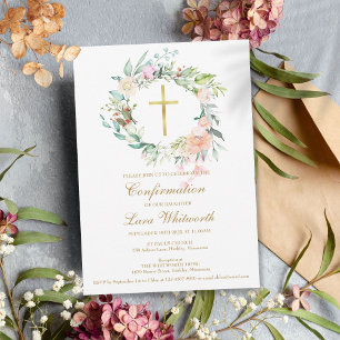 Invitation Aquarelle Gold Cross Confirmation Florale