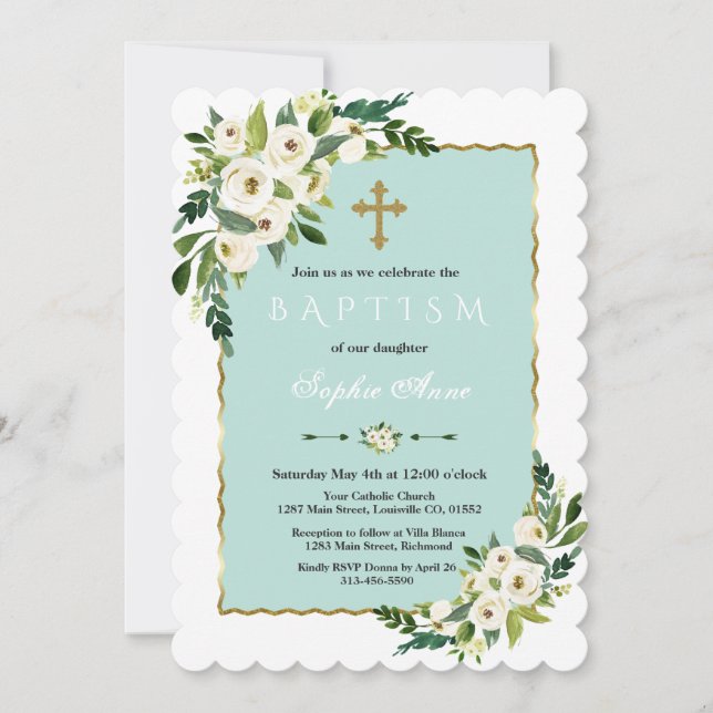 Invitation Aquarelle Gold Frame Baptême Floral Baptême Floral (Devant)