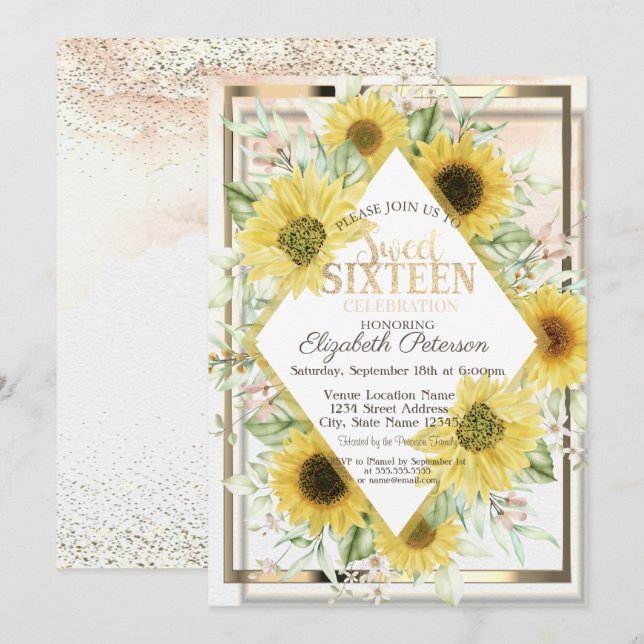 Invitation Aquarelle Gold Frame Sunflowers Sweet 16 (Devant / Derrière)