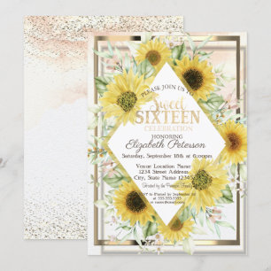 Invitation Aquarelle Gold Frame Sunflowers Sweet 16