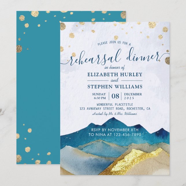 Invitation Aquarelle Gold Mountains Dîner de répétition Maria (Devant / Derrière)