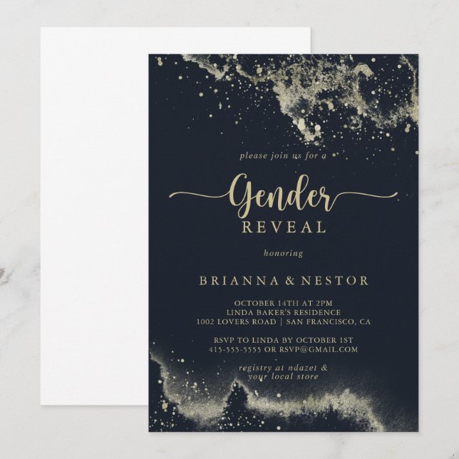 Invitation Aquarelle Gold Splash Genre Reveval Party (Devant / Derrière)