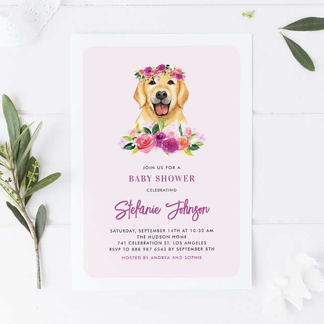 Invitation Aquarelle Golden Retriever Baby shower Floral (Créateur téléchargé)
