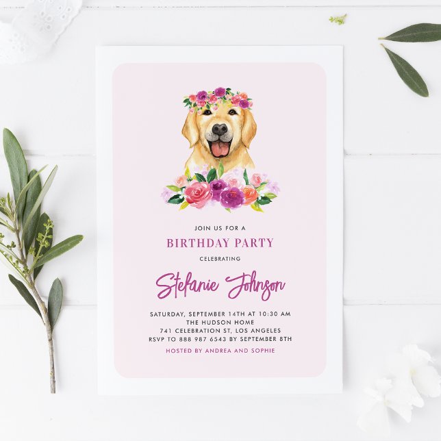 Invitation Aquarelle Golden Retriever Floral Chien Anniversai (Créateur téléchargé)