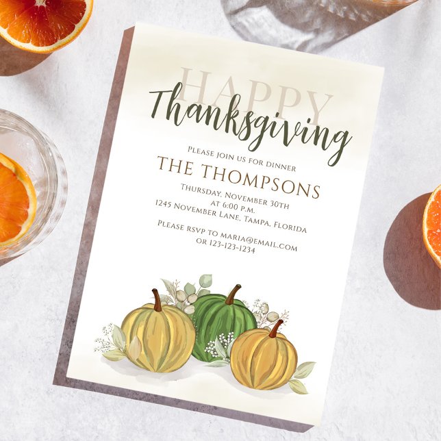 Invitation Aquarelle Gourdes Dîner Thanksgiving (Happy Thanksgiving gourds holiday invitation.)