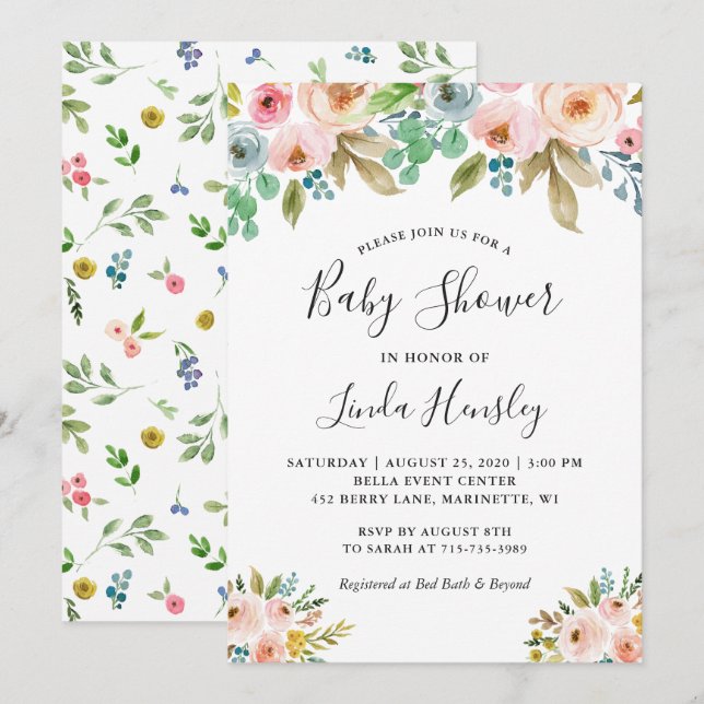 Invitation Aquarelle gracieuse Floral Girl Baby shower (Devant / Derrière)
