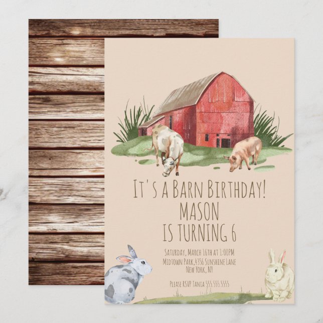 Invitation Aquarelle Grange Animaux Ferme Maison Anniversaire (Devant / Derrière)