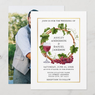 Invitation Aquarelle Grappe Vins Wreath Photo Gold Mariage