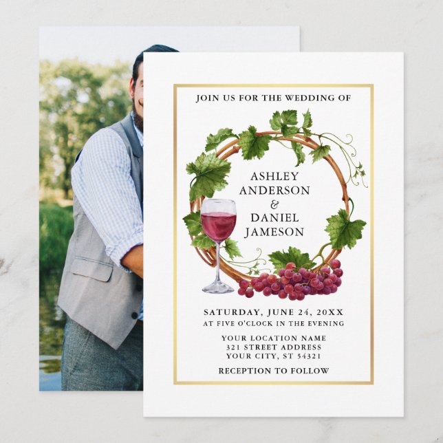 Invitation Aquarelle Grappe Vins Wreath Photo Gold Mariage (Devant / Derrière)