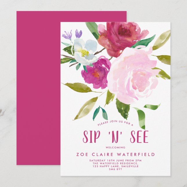Invitation Aquarelle gras Sip floral 'n' Voir l'invitation (Devant / Derrière)