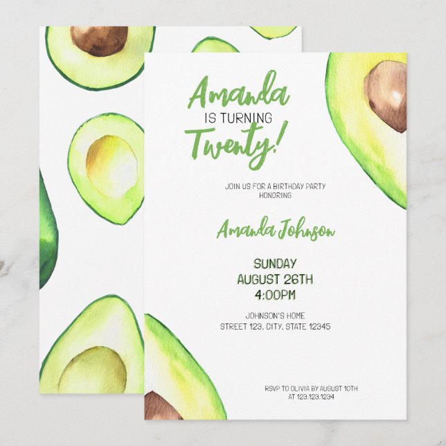 Invitation Aquarelle Green Girl Avocado Anniversaire (Devant / Derrière)