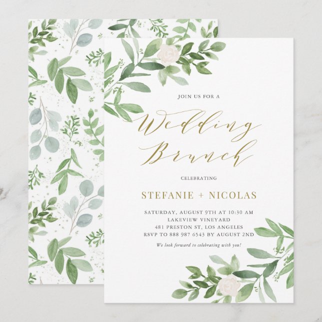 Invitation Aquarelle Greeney et Fleurs blanches Brunch de mar (Devant / Derrière)