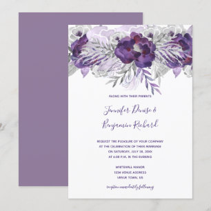 Invitation Aquarelle gris argenté violet Mariage floral