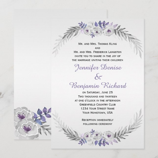 Invitation Aquarelle gris argenté violet Roses Mariages (Devant / Derrière)