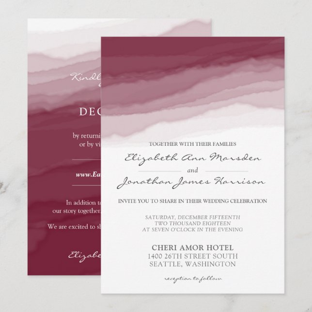 Invitation Aquarelle Gris Bourgogne Moderne Tout en un Mariag (Devant / Derrière)