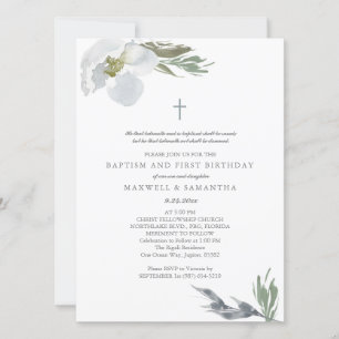 Invitation Aquarelle gris cool Florales Twins Baptême