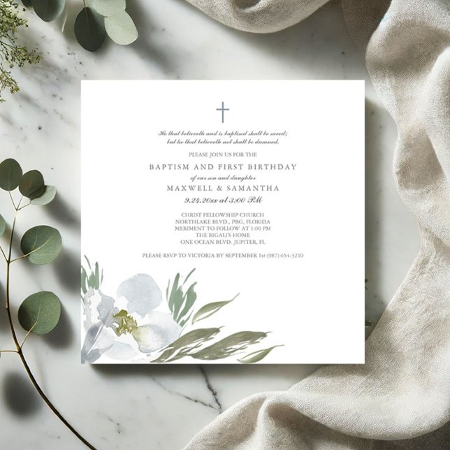 Invitation Aquarelle gris cool Florales Twins Baptême (Baptism invitations watercolor grey flowers and greenery)